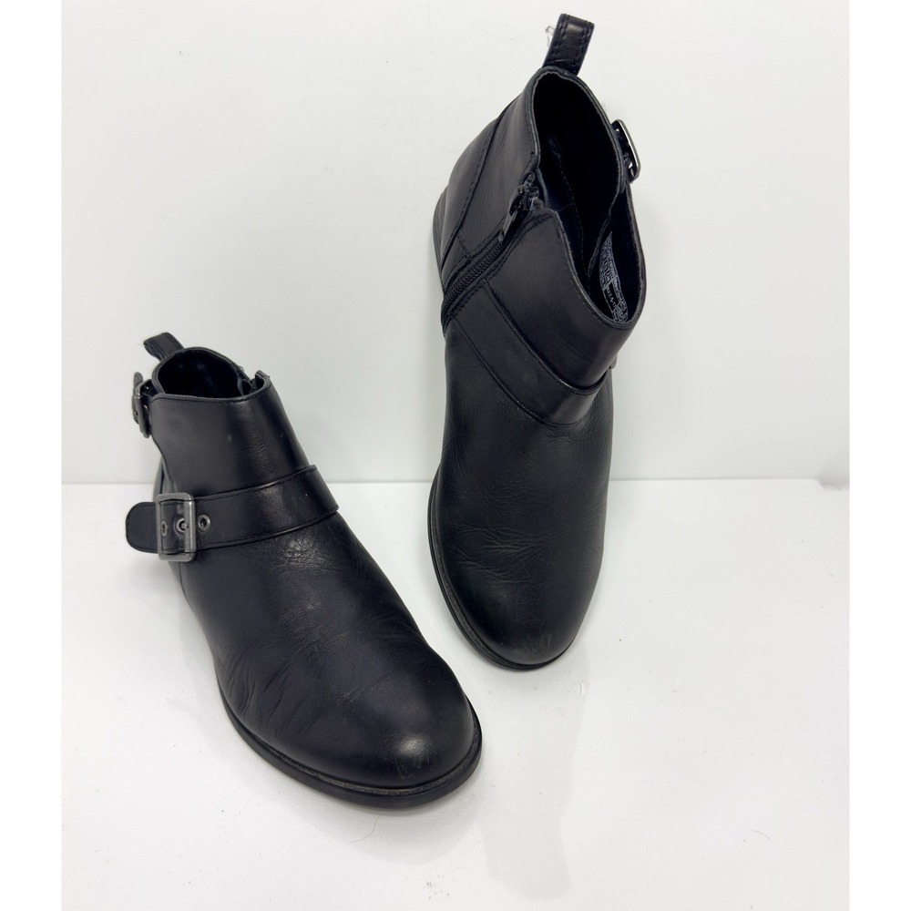 Vionic Logan Ankle Boot Women 7.5 Black Leather Side Zip Silver Buckle Moto